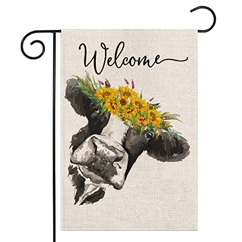LHSION Summer Cow Garden Flag 12.5 x 18 Inch Welcome Sunflowers Decorative Double Sided Burlap Flag For Spring Summer Farmhouse Yard Decoration