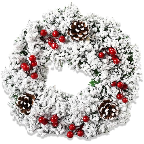 Decoración de Coronas Navideñas, 30cm Corona de Navidad con Bayas Rojo y Abetos, Corona Navideña para Puerta de Entrada, Hogar y Fiesta Decoración Día de Corona Adorno de Pared para Navideñas