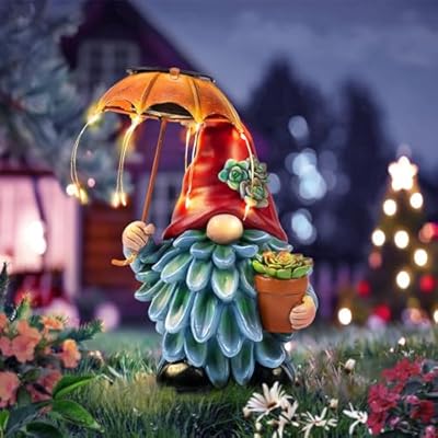 SUCUY Solar Outdoor Statues Gnome Garden Decor, Garden Gnome with Solar LED Umbrella Decorative for Patio, Balcony, Lawn, Yard Ornament - Christmas Gardening Gifts for Mom Grandma