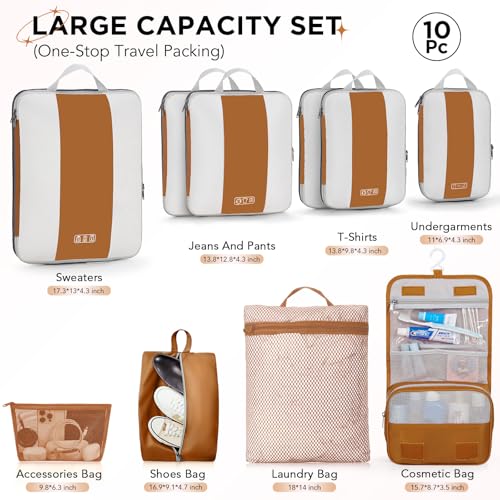 Image of OlarHike 10-Pack Compression Packing Cubes for Travel Essentials,Compressible Expandable Packing Cubes for Suitcase,Luggage Garment Bags for Travel,Handy Helper for Organizing Clothes(Brown)