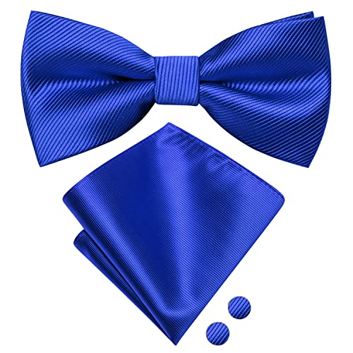 Image of Hi-Tie Mens Royal Blue Pre-Tied Pocket Square and Lapel Pin Sets Cufflinks Mens Bowtie Sets for Wedding Formal Party