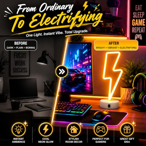 Image of Quace Lightning Bolt Neon Light for Room Decor, Dual Power (USB & 3 AA Batteries), Warm Yellow LED Neon Lamp, Gaming Room Decor, Bedroom Night Light, Desk Lamp for Home, Cafe & Party Decoration