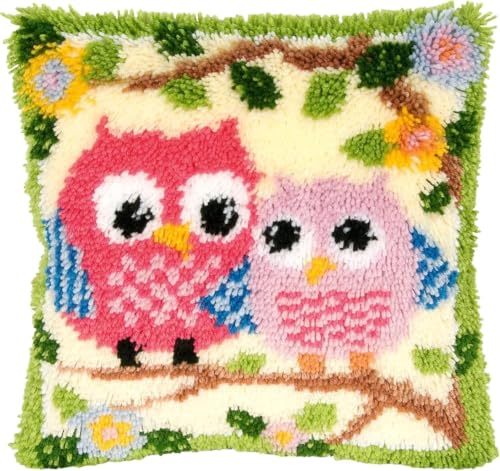 Image of clubevy DIY Latch Hook Kits Pillow Case Embroidery Carpet Set Needlework Pillow Cover Sofa Cushion Cover Craft Kits 17x17 inch (Owl 2)