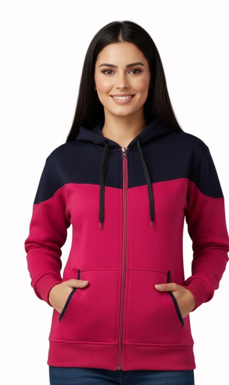 SHAARAV Women's Hooded Jacket, Rani Pink & Navy Blue, Full Zip, Dual-Tone, Casual Wear-picture-33