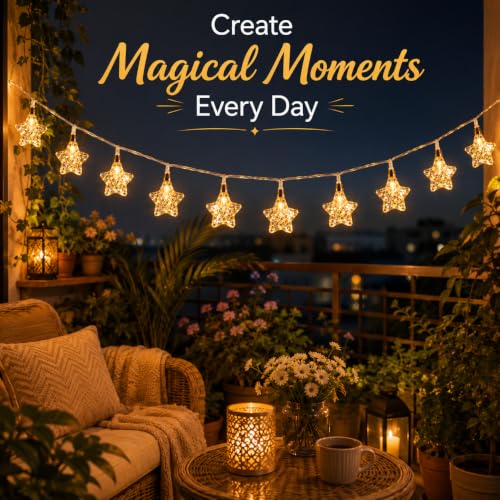Image of Quace 10 LED Star Confetti String Lights, Plug-in Warm White Decorative Fairy Lights for Bedroom, Balcony, Patio, Christmas, Diwali, Wedding & Home Decoration