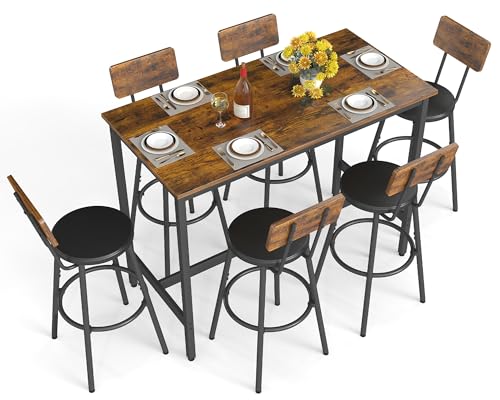 Rovibek Dining Table Set for 6, Bar Table and Chairs Set, Modern 6 Piece High Top Table and Chairs, Industrial Bar Height Pub Tables for Kitchen, Dining Room, Brown