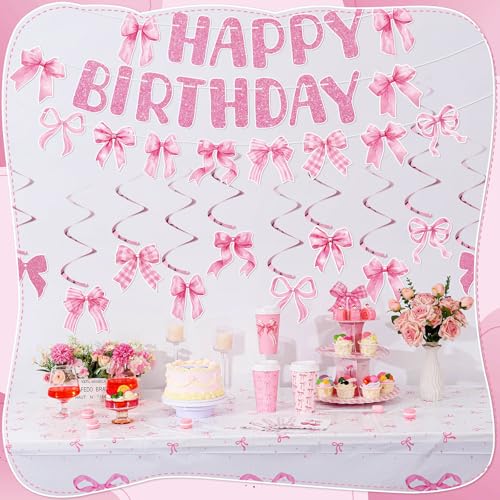 Image of Pink Bow Birthday Decorations, Banner And Hanging Swirls, 45 Pcs | Pink Bow Theme, Pre-Assembled Banner, Sturdy Cardstock, Reusable, For Girls And Women Birthday Parties