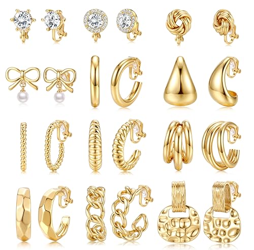 Krfy 12 Pairs Gold Clip on Earrings for Women Non Pierced Pearl Chunky Hoop Earring Set with 16K Plated Twisted CZ Studs Comfortable Dainty Cute Dangle Aesthetic Aretes de Mujer Daily Choices