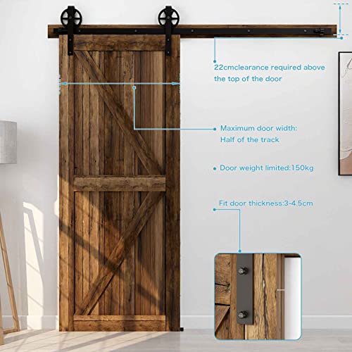 CCJH 6.6FT (201cm) Schiebetüren Beschläge Rustikal Schiebetürsystem Schiebetür inklusive Laufschiene, Big Wheel Barn Door Hardware Kit Nachrüsten Schwarz 6.6FT/2M(Upgrade)
