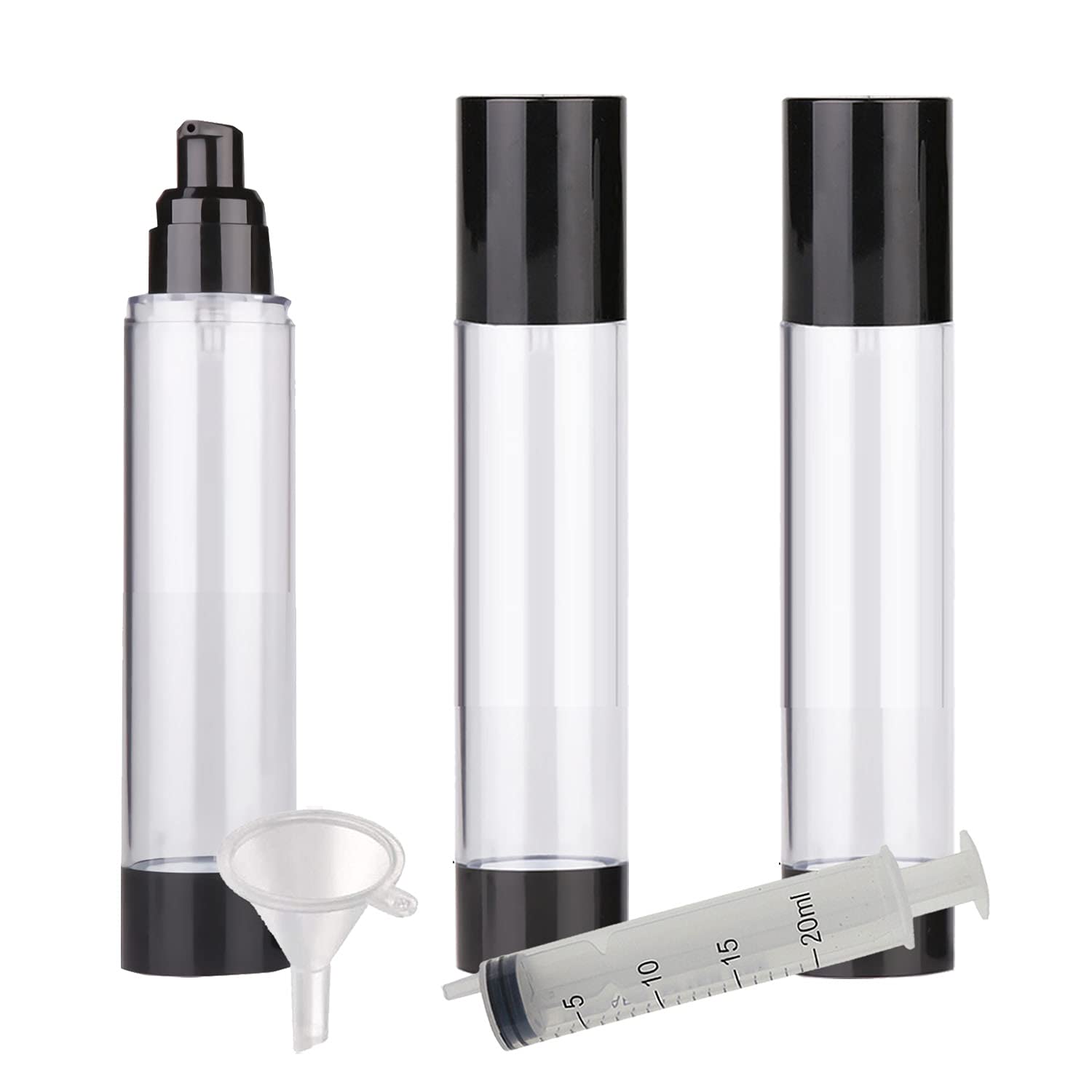 TIANZD 3 Pezzi 120 ml Plastica Bottiglie Airless Dosatori per Cosmetici, Nero Trasparente Bottiglie di Pompa Ricaricabile per Gel Dispenser, Flacone Contenitori per Liquidi Viaggio con Siringa