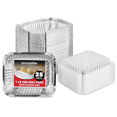 Stock Your Home 1 Lb Small Aluminum Pans with Lids (25 Pack) Foil Pans + Clear Plastic Lids, Disposable Cookware, Takeout Trays with Lids - To Go Disposable Food Containers for Restaurants & Catering