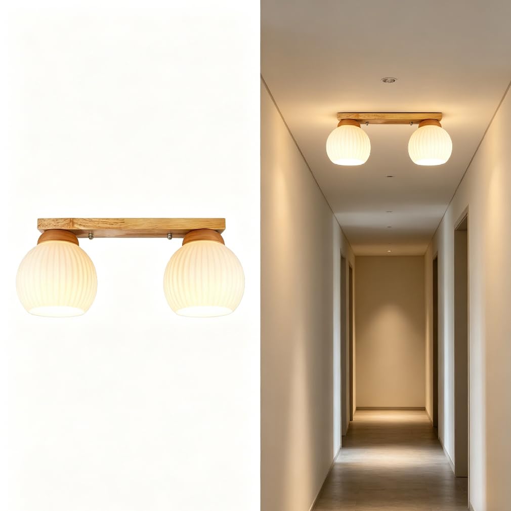Suspension de style japonais, veinage naturel du bois et blanc crème, luminaire minimaliste, idéale pour la chambre, la salle à manger et le salon (2 ampoules)
