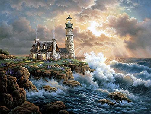 Moohue Counted Cross Stitch Supplies Beautiful Sea Scenery And Small Tower Hut Cross Stitch Kits For Adults (Pattern 1) #TOP21