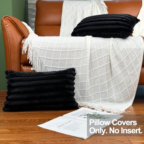 20" x 12" Black Throw Pillow Covers Pack of 2, Soft Fluffy Faux Fur Decorative Pillows for Couch, Bed Cover with Velvet Back for Living Room, Home Décor for Sofa (50cm x 30cm, No Inserts Included)