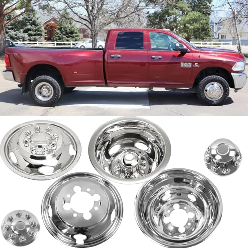 Kucaruce 4pcs 17inch Polished Stainless Steel Dually Wheel Simulators, Bolt On Wheel Cover with Removable Centre Cap, 8 Lug Hubcaps fit for 2003-2018 Dodge Ram 3500 C17D8