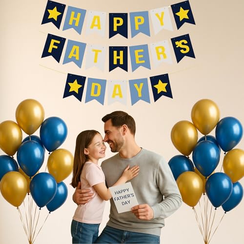 Image of Happy Father's Day Glitter Black Beer Bunting Banner for Dad Father's Party Decorations Backdrop Garland for Father's Day (Dark Blue Light Blue)