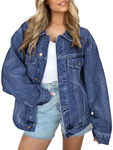 Image of AUTOMET Women's Oversized Jeans Jacket, Classic Button Down Denim Jacket with Chest Pockets, Loose Fit Boyfriend Style Coat