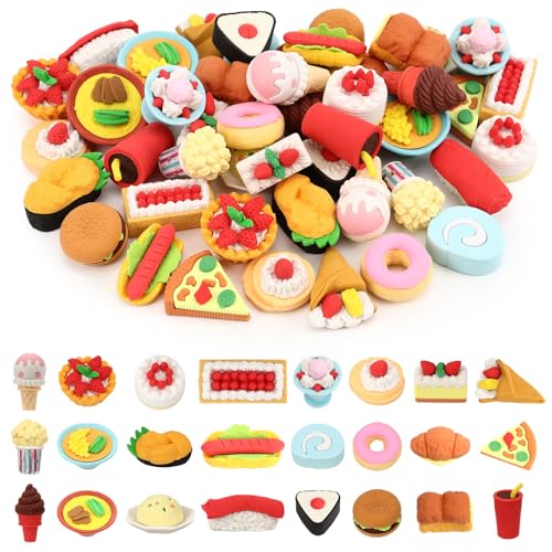 24 Pcs Mini Food Erasers 3D Fruit Cake Dessert Pencil Erasers Take Apart Puzzle Eraser Bulk for Classroom Prizes Gifts Supplies Back to School Party Party Favors