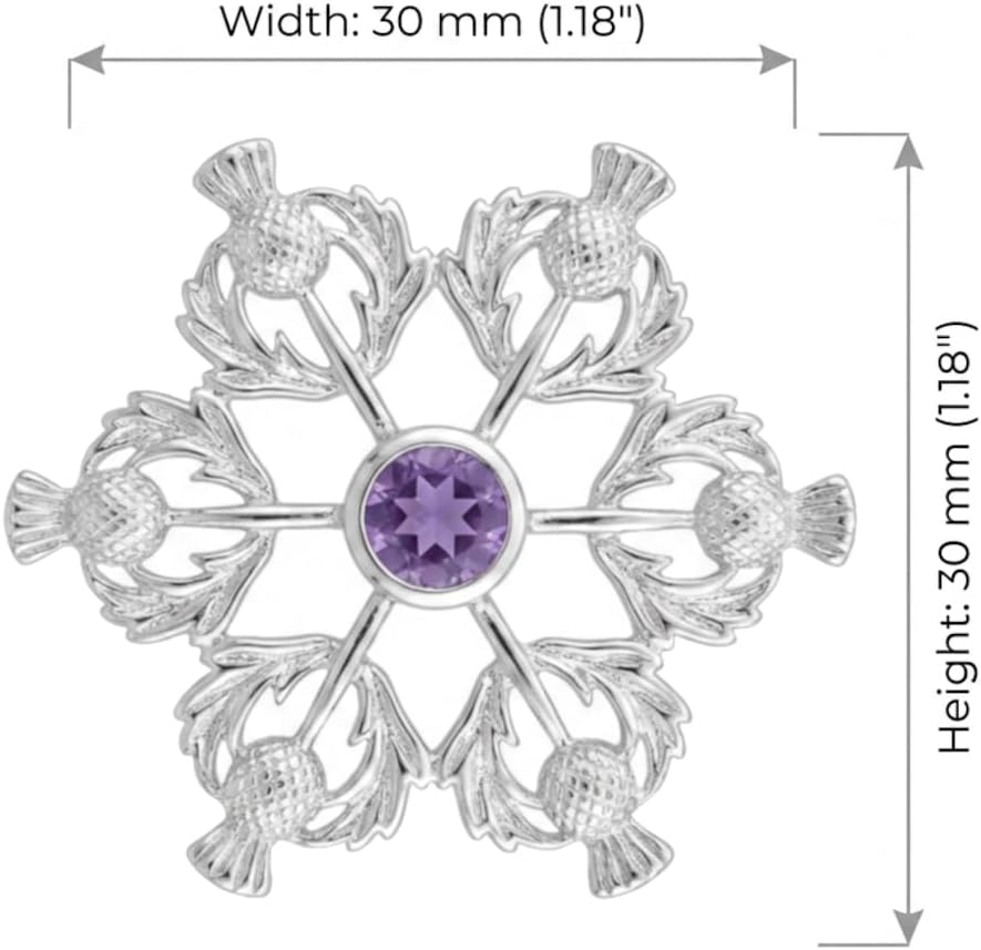 Alexander Castle 925 Sterling Silver Scottish Thistle Brooch Pin with Real Amethyst Stone & Jewelry Gift Box - Scottish Gift for Women