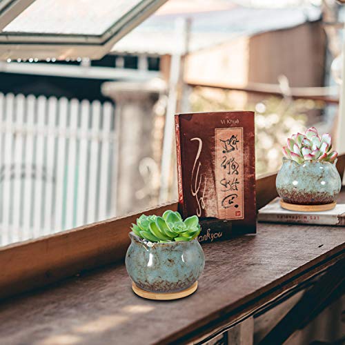 Laerjin Succulent Pots, 4 Inch Ceramic Plant Pots And Drainage Hole With Bamboo Tray, Colorful Flower Planter Pot, Pack Of 6 (Plants Not Included) #TOP6