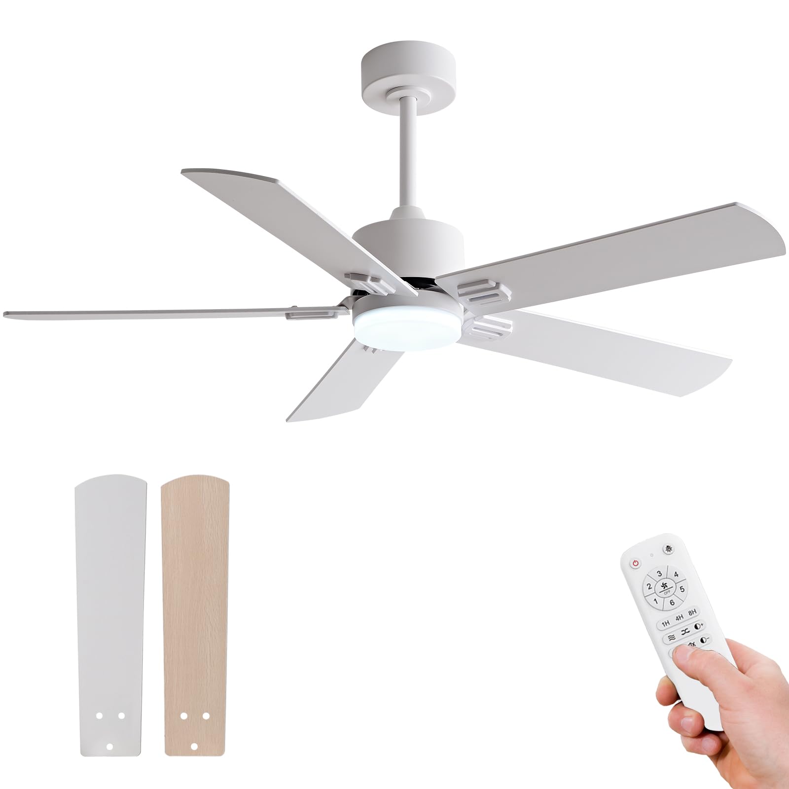 KENSID 42 Inch Ceiling Fans with Lights and Remote,Modern White Ceiling Fan with Light for Indoor Bedroom,5 Blades,Dimmable LED Light,Reversible 6
