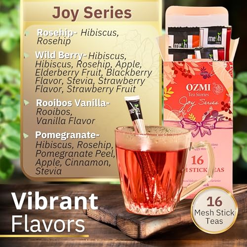 Image of OZMI Premium Caffeine Free Fruit & Herbal Tea Sampler Gift Set, 16 Mesh Stick Teas, 4 Flavors, Rosehip, Wild Berry, Rooibos Vanilla & Pomegranate, No Teapot Required