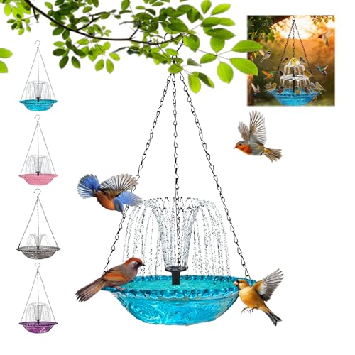Solar Cascade Hanging Bird Bath Fountain,Solar Bird Bath Fountains with Cascading Waterfall,Hanging for Birds,Outdoor Sun-Powered Water Feature,Ceramic Bowl for Garden,Lawn Decor (Blue)