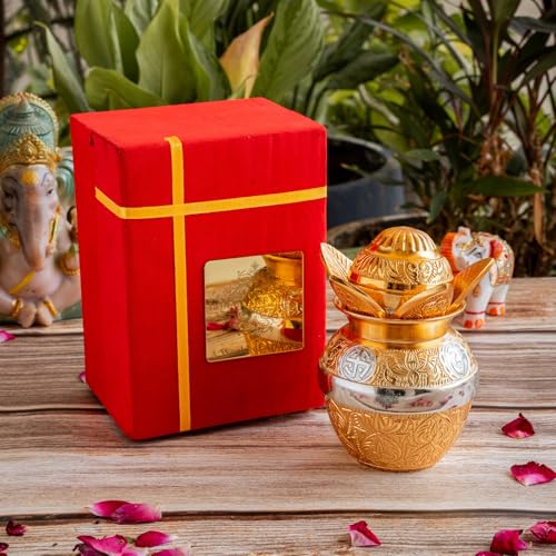 Image of Indian Art Villa Silver Plated Gold Polished Designer Mangal Kalash with Coconut, Poojan Temple Home Decorative, Diwali Gift Item, 6'' Inch