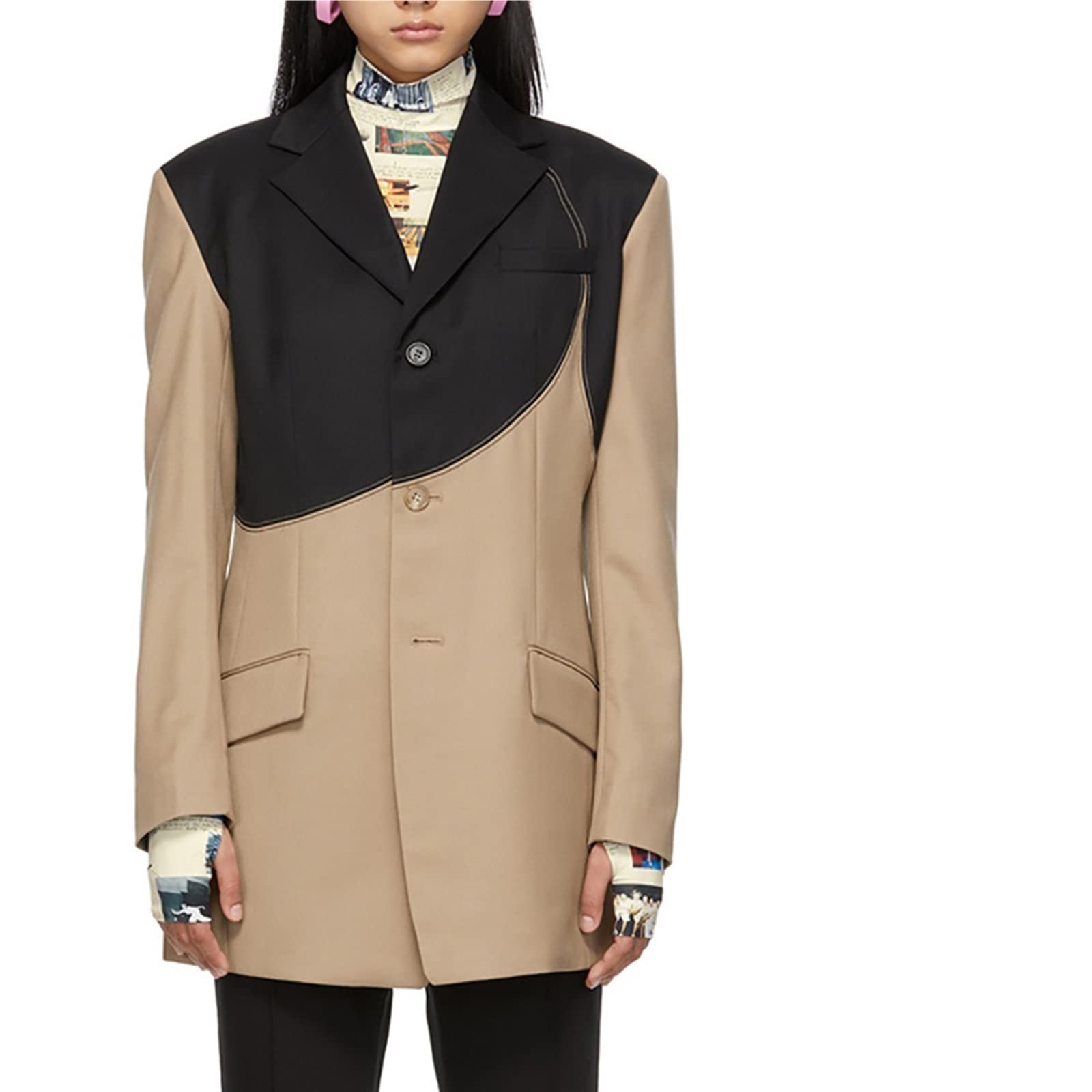 YMIKEA Casual Coat, Blazer Laple Contrast Single Breasted Color Irregular Arc Medium And Long Coat Tide (Color : Khaki, Size : M)