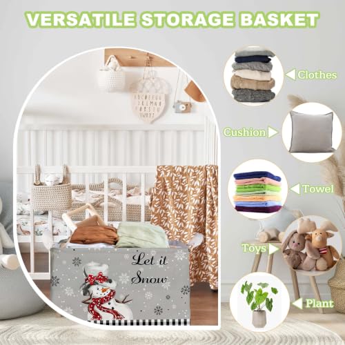 Image of Grey Christmas Snowman Storage Baskets, Empty Christmas Gift Baskets, Let It Snow Winter Farmhouse Style Large Square Waterproof Canvas Laundry Hamper, Foldable Toy & Clothes Bins for Bedroom