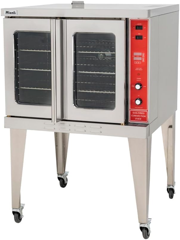 Migali C-CO1-NG Natural Gas Convection Oven with stainless steel exterior and red control panel.