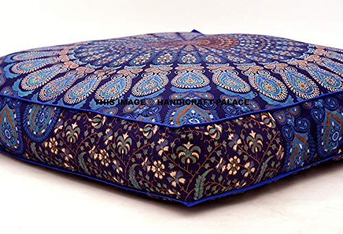 Indian Mandala Floor Pillow Square Ottoman Pouf Daybed Oversized Cushion Cover Cotton Seating Ottoman Poufs Dog/Pets Bed (Blue Cover Only)