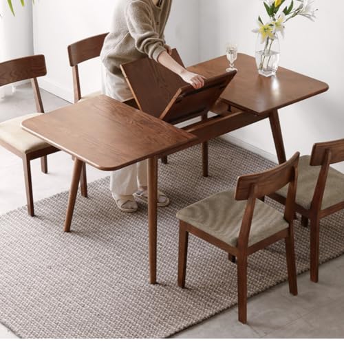 Wayshome 47’’-63’’ 100% Oak Extendable Dining Table, Solid Wood Folding Kitchen Table, Mid Century Modern Dinner Table for Kitchen, Apartment, Living Room (47''-63'' Walnut)