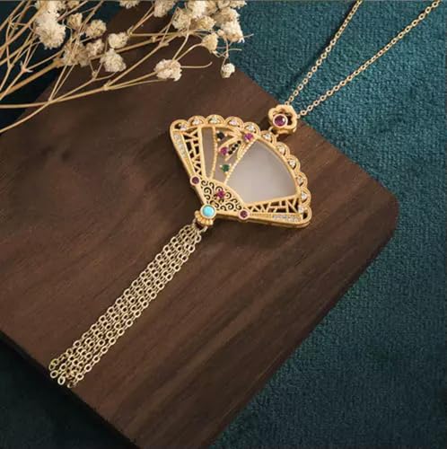 Collier avec Pendentif en Cristal de Jade, chaîne plaquée Or 18 carats, Pierre précieuse en éventail cloisonné