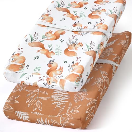 Image of BROLEX Changing Pad Covers for Baby: Boy Girls Ultra Stretchy Soft 2 Pack, Squirrel Foliage