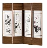 4 Panels Room Divider with Asian Floral Paintings