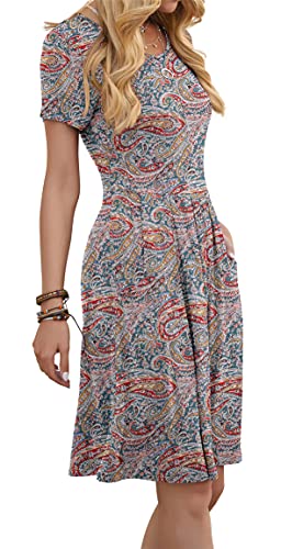 Doubcq Women's Casual Short Sleeve Flowy Pleated Loose Dresses With Pockets (Cashew Blue Green, Xl) #TOP1