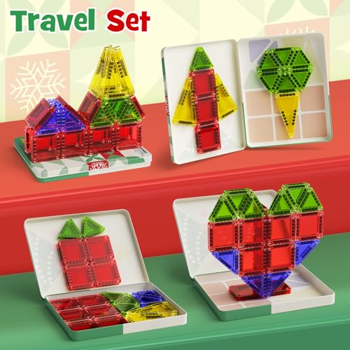 Image of Travel Magnetic Tiles for Kids, 26 PCs Mini Magnetic Building Blocks with Festive Iron Storage Box, STEM Travel Toys for Toddlers Ages 3-5+, Educational Learning Gift for Boys & Girls