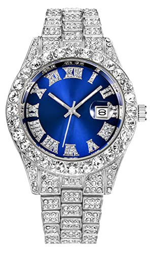 Hip Hop Iced Out Men's Rhinestone Watch Diamond Analog Quartz Watch (Blue)