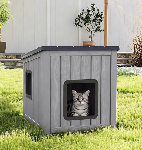 GULAIMOAO Outdoor Cat House Outside Cat House Weatherproof with Air Holes Cat Houses for Outdoor Indoor Cats Resin Insulated Material Emergency Exit Black
