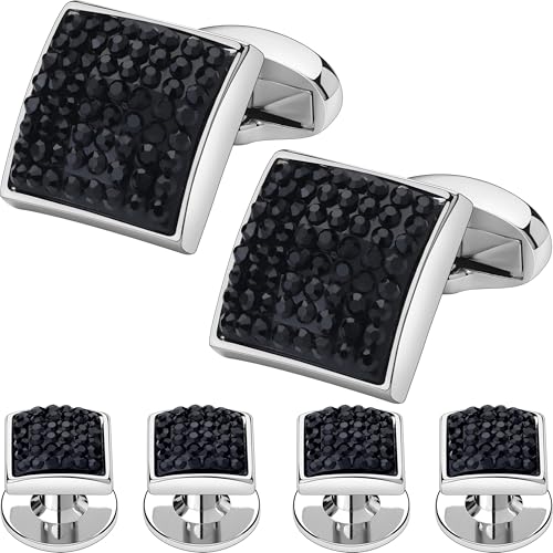 Men's Stainless Steel Black Crystal Silver Cufflinks and Studs Formal Set with Travel Presentation Gift Box - 5/8