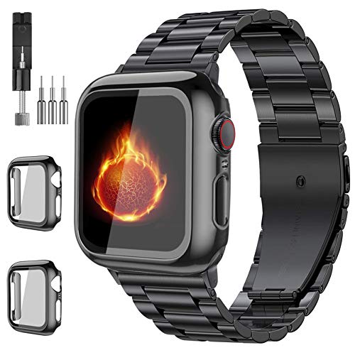Compatible with Apple Watch Band 49mm 46mm 44mm 45mm 42mm 40mm 38mm 41mm, Stainless Steel iWatch Bands with 2 Pack Tempered Glass Case for Series 11/10/9/Ultra 3 2/8/7/6/5/4/3/2/1/SE for Men