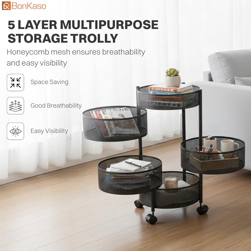 Image of BonKaso 5-Layer Round Multipurpose Kitchen Trolley with Swivel Storage Basket & 360 Rotating Wheels, Black Steel Frame, Easy Mobility, Space-Saving and Durable
