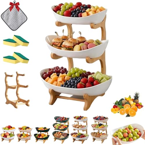 3 Tier Countertop Organizer with Bamboo Stand 2/3 Tier Kitchen Storage Rack Detachable Space-Saving Storage for Vegetable Snack Dessert Cake Plate Rack for Party Wedding (3Tier-B)