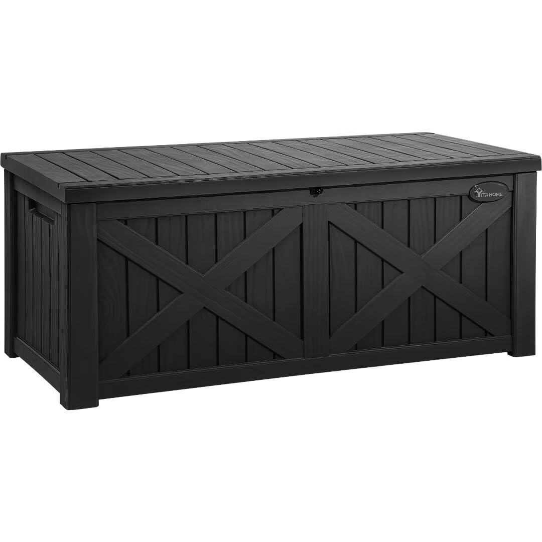 YITAHOME 120 Gallon Large Outdoor Storage Box with X-Shaped Front, Waterproof Resin Deck Box Cushion Storage Bench for Patio, Pool Supplies, Garden Tools - Lockable, Black