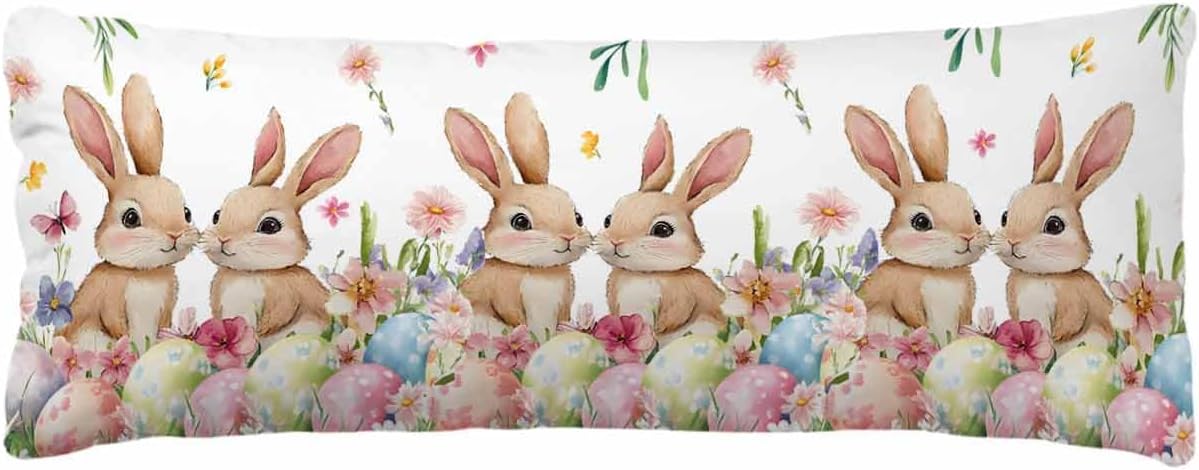 Happy Easter Satin Pillowcase Cute Rabbit Bunny Body Pillow Cover 20 x 60 Inch Easter Eggs Lumbar Pillow Cases Spring Floral Rectangular Decorative Pillow Shams for Bed Sofa Guest Room