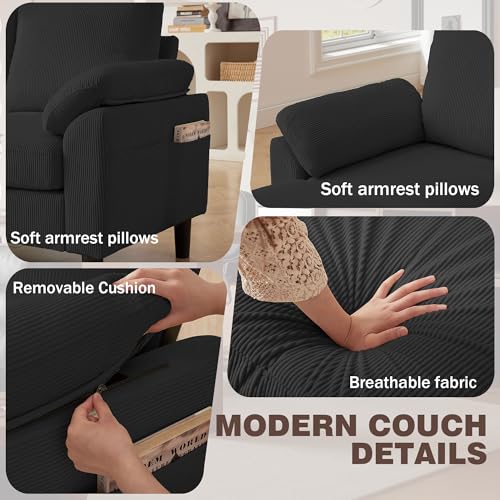 Image of 79.72 inch 3 Piece Corduroy Sofa Set with Storage Ottoman & Loveseat, L Shaped Sectional Couch with Side Pockets, Convertible Living Room Furniture Set for Small Space