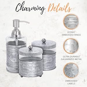 Autumn Alley Adorable 3 Piece Modern Farmhouse Bathroom Accessory Set for Sink/Vanity - Galvanized Soap Dispenser, Cotton Ball Container with Lid, Qtip Organizer – Rustic Farmhouse Bathroom Decor Autumn Alley Adorable 3 Piece Modern Farmhouse Bathroom Accessory Set for SinkVanity Galvanized Soap Dispenser Cotton Ball Container with Lid Qtip Organizer–Rustic Farmhouse Bathroom Decor