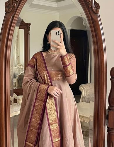 Image of Women's Pattu Cotton Anarkali Kurta with Dupatta | Handwork Embroidery | Jacquard Zari Border | Ethnic Kurti Set for Women