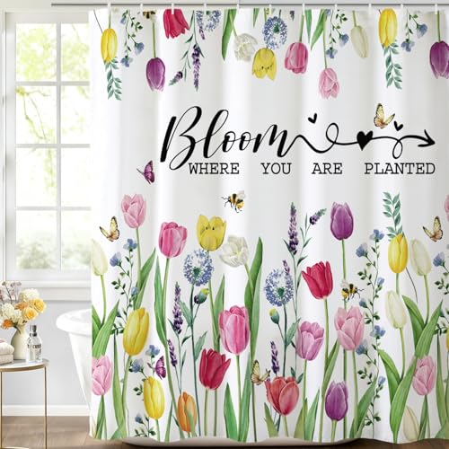Baccessor Spring Summer Floral Shower Curtain Tulips Shower Curtains Polyester Fabric Bathroom Curtains Bath Home Decor Waterproof Weighted with Hooks 72 W x72 H Inch